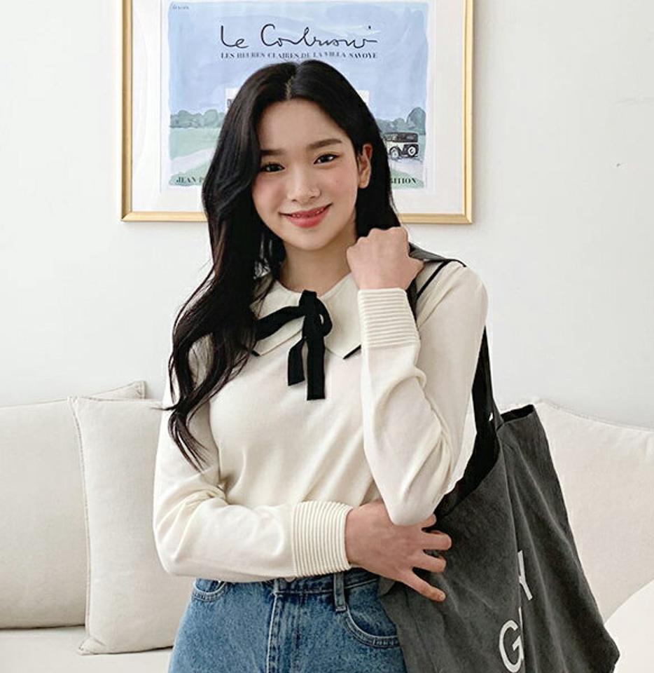 配色リボンカラーニット・全2色・b63274 レディース 【tops】【韓国 ファッション トップス ニット 長袖 ネックリボン 配色 かわいい ガーリー スリム フィット デイリー ベーシック カジュアル 秋 春】【NIJU】