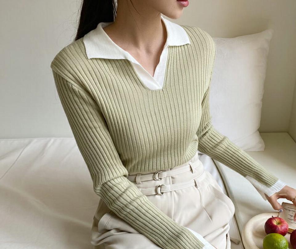 リブカラー配色ニット・全5色・t56923 レディース 【tops】【韓国 ファッション トップス ニット 長袖 リブ スリム フィット スリット メリハリ 配色 カジュアル デイリー 無地 秋 春】