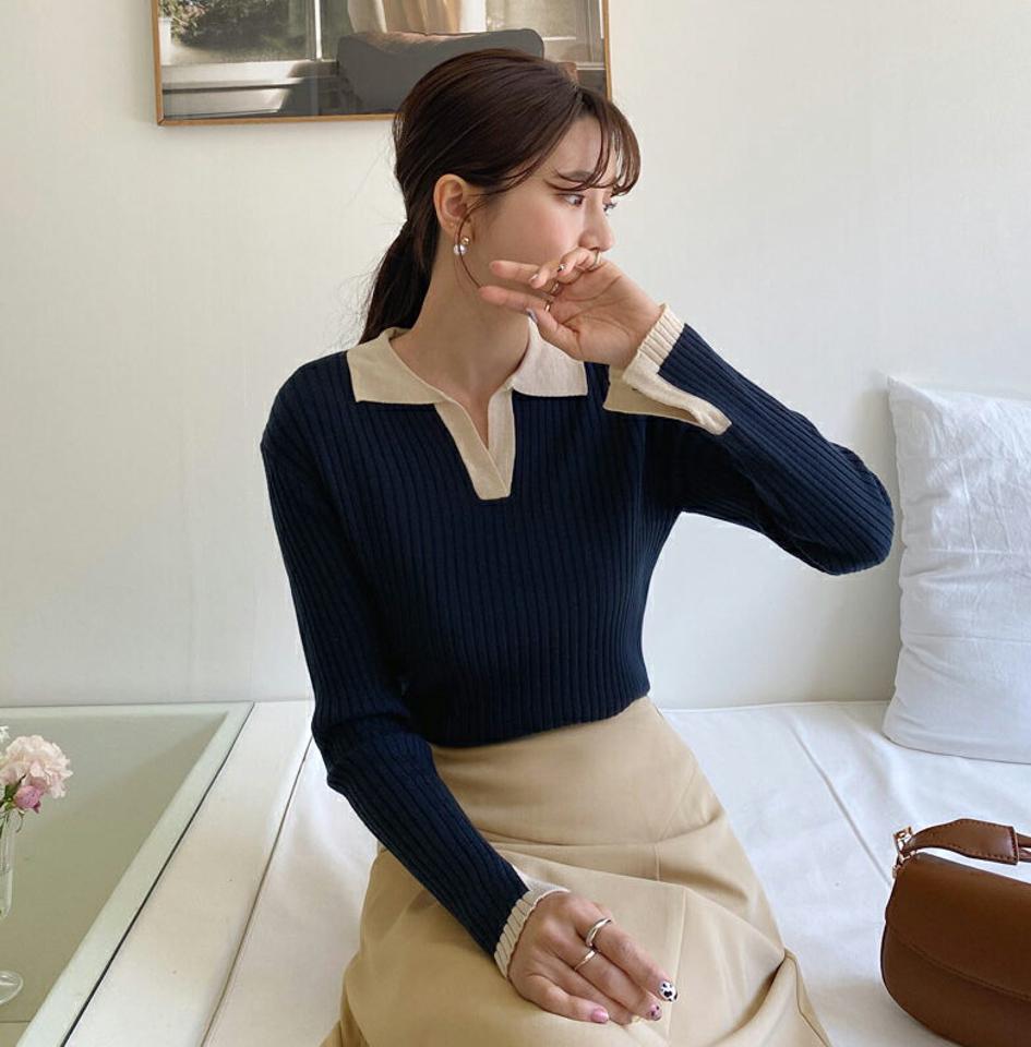 リブカラー配色ニット・全5色・t56923 レディース 【tops】【韓国 ファッション トップス ニット 長袖 リブ スリム フィット スリット メリハリ 配色 カジュアル デイリー 無地 秋 春】