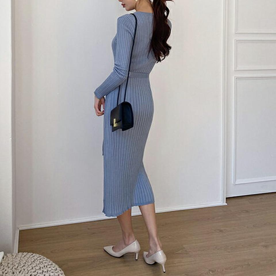 ストラップ付リブニットワンピース・全4色・t67112 レディース 【ops】【ワンピース ロング ロングワンピース ニット ニットワンピース 長袖 リブ リブニット 単色 無地 シンプル カジュアル 秋 春 韓国 ファッション】【ハイホリHIHOLLI】