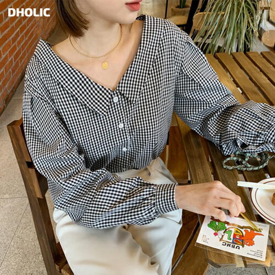 2WAYチェックカラーブラウス・全3色・t61647 レディース 【bl】【韓国 ファッション トップス ブラウス 長袖 上品 2WAY カラーブラウス チェック Vネック パフスリーブ ボリューム 体型カバー フェミニン カジュアル デイリー 秋 春】