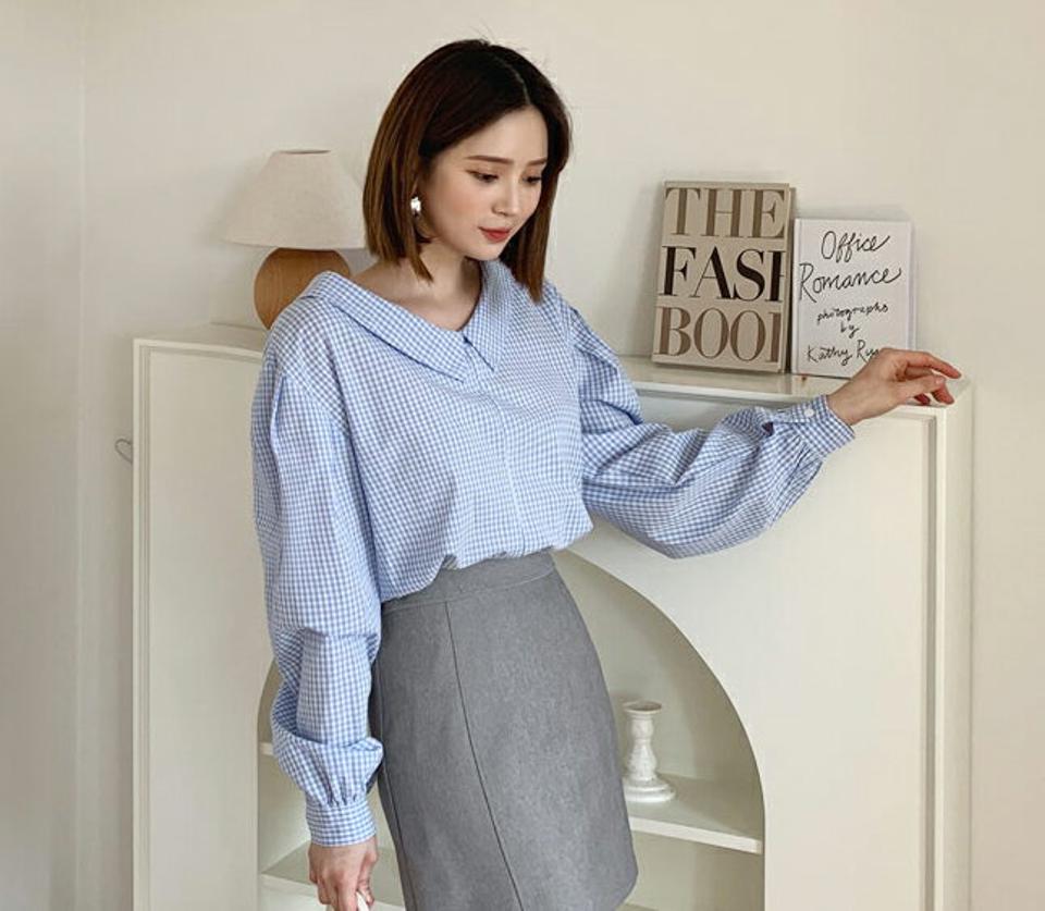 2WAYチェックカラーブラウス・全3色・t61647 レディース 【bl】【韓国 ファッション トップス ブラウス 長袖 上品 2WAY カラーブラウス チェック Vネック パフスリーブ ボリューム 体型カバー フェミニン カジュアル デイリー 秋 春】