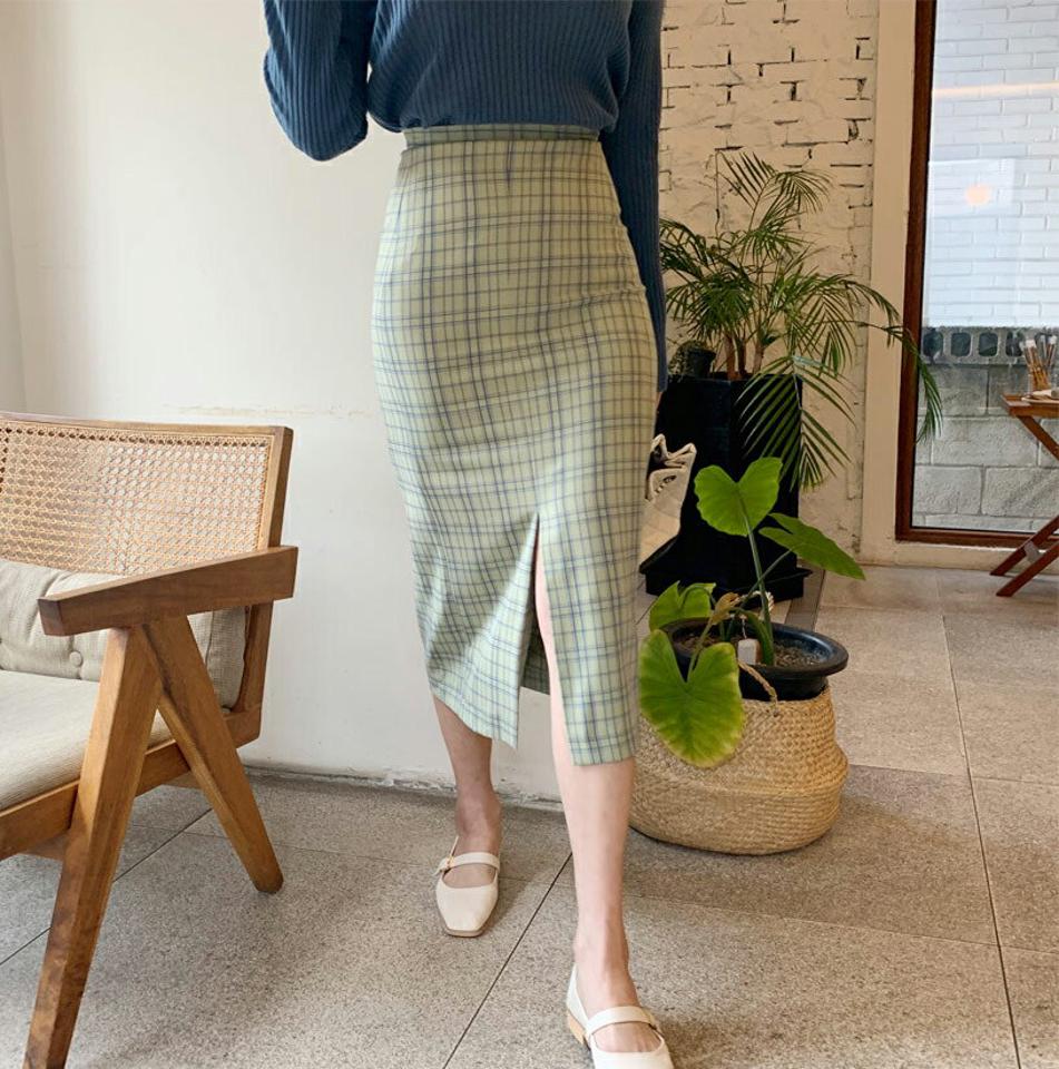 チェックスリットスカート・全2色・t61661 レディース 【sk】【韓国 ファッション ボトムス スカート ロング ロングスカート チェック Hライン スリット 無地 カジュアル 体型カバー フェミニン デイリー 秋 春】