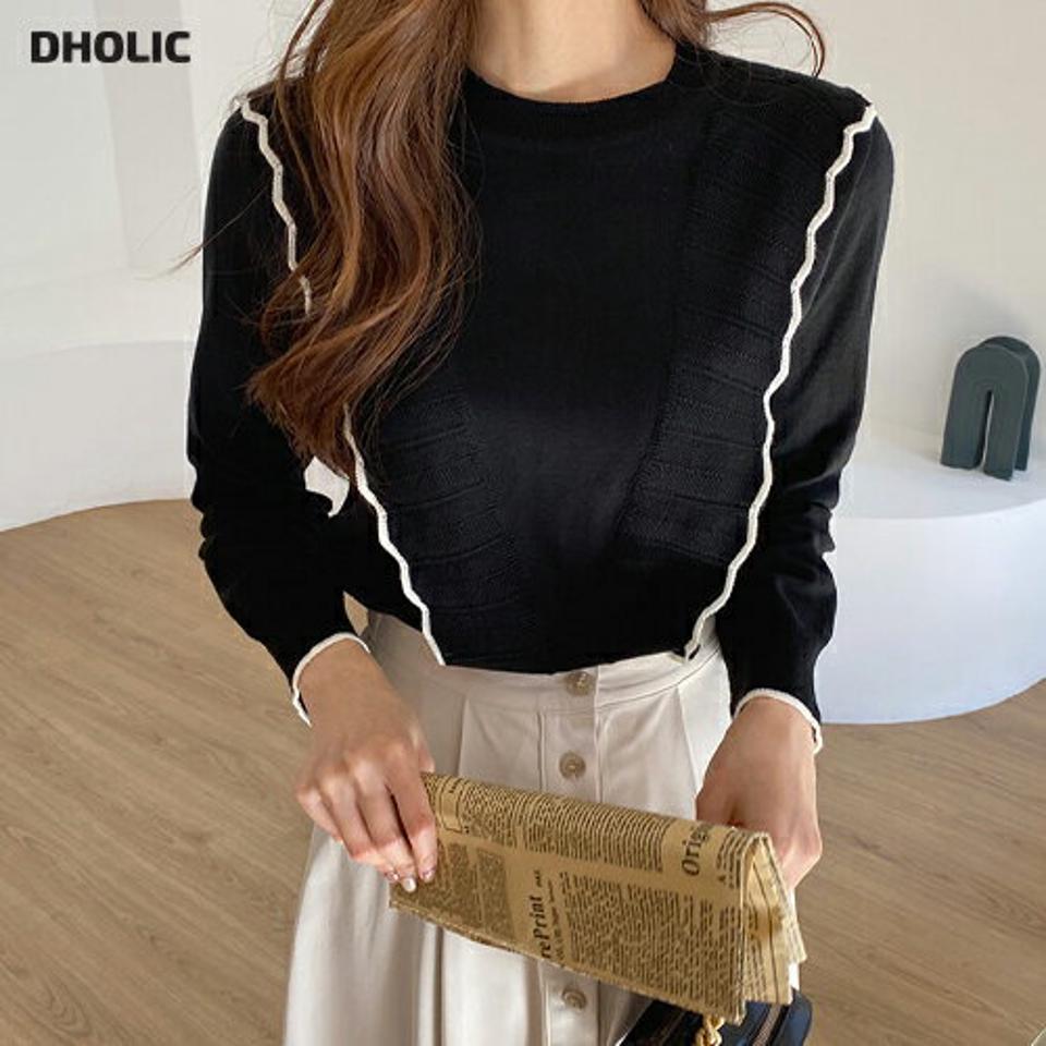 【只今10%OFF】スカラップ配色ラインニット・全2色・b67140 レディース 【tops】【トップス ニット ニットトップス スカラップ 配色 長袖 モダン 大人 かわいい 可愛い 秋 春 韓国 ファッション】【ハイホリHIHOLLI】