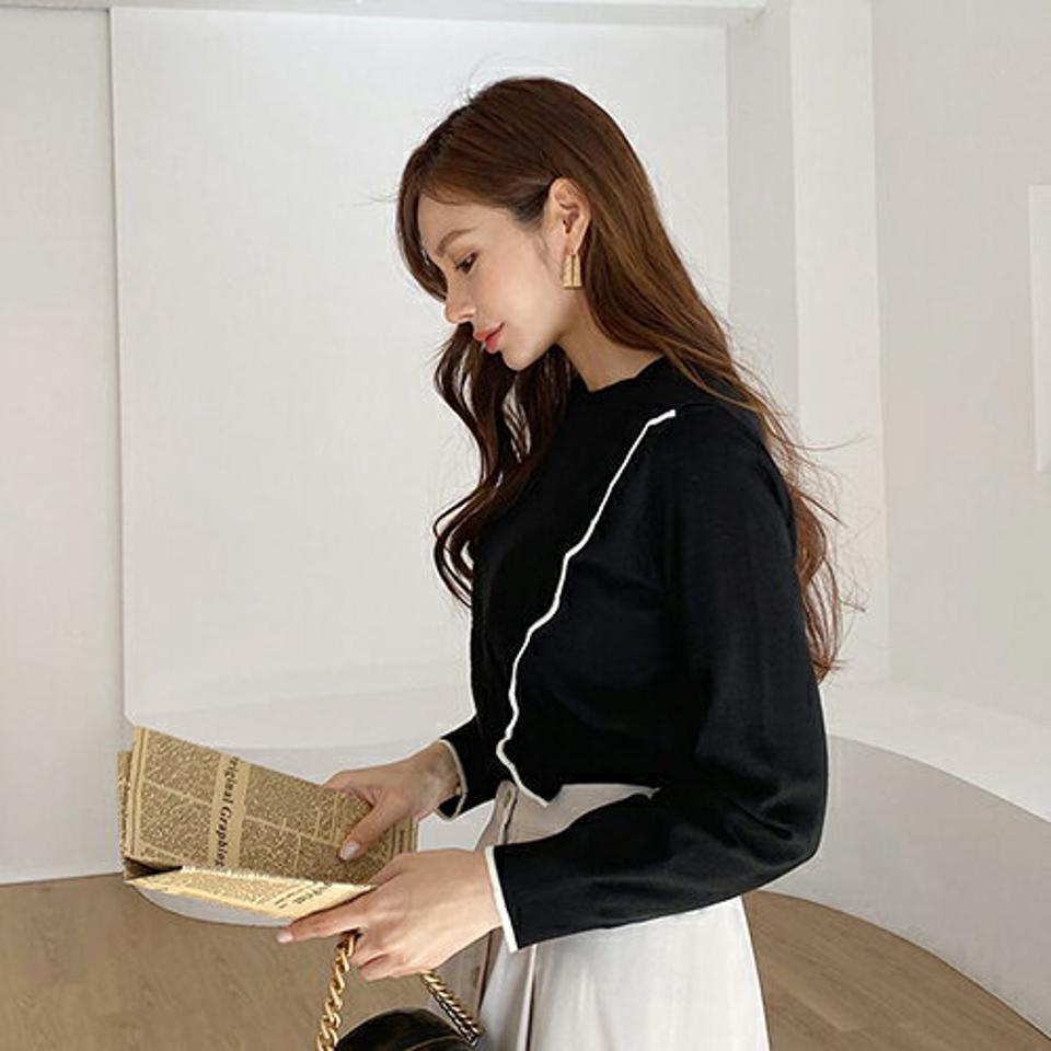 【只今10%OFF】スカラップ配色ラインニット・全2色・b67140 レディース 【tops】【トップス ニット ニットトップス スカラップ 配色 長袖 モダン 大人 かわいい 可愛い 秋 春 韓国 ファッション】【ハイホリHIHOLLI】