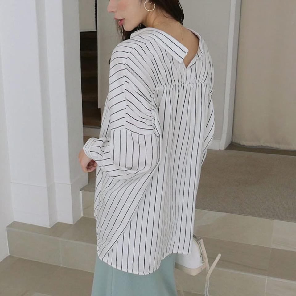 【只今10%OFF】2TYPEシャツブラウス・全4色・t67078 レディース 【bl】【トップス　ブラウス シャツブラウス 長袖 単色 無地 シンプル ストライプ柄 大人 オフィスカジュアル 秋 春 韓国 ファッション】【ハイホリHIHOLLI】