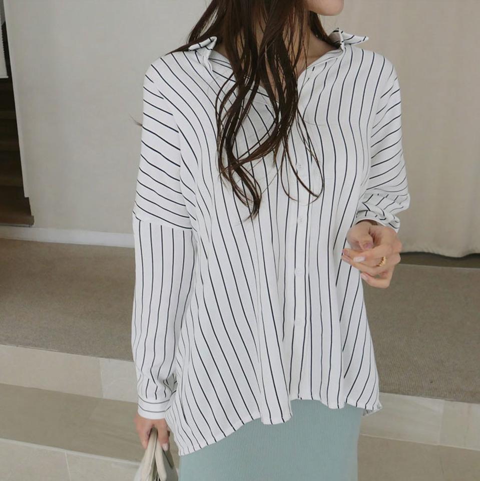 【只今10%OFF】2TYPEシャツブラウス・全4色・t67078 レディース 【bl】【トップス　ブラウス シャツブラウス 長袖 単色 無地 シンプル ストライプ柄 大人 オフィスカジュアル 秋 春 韓国 ファッション】【ハイホリHIHOLLI】