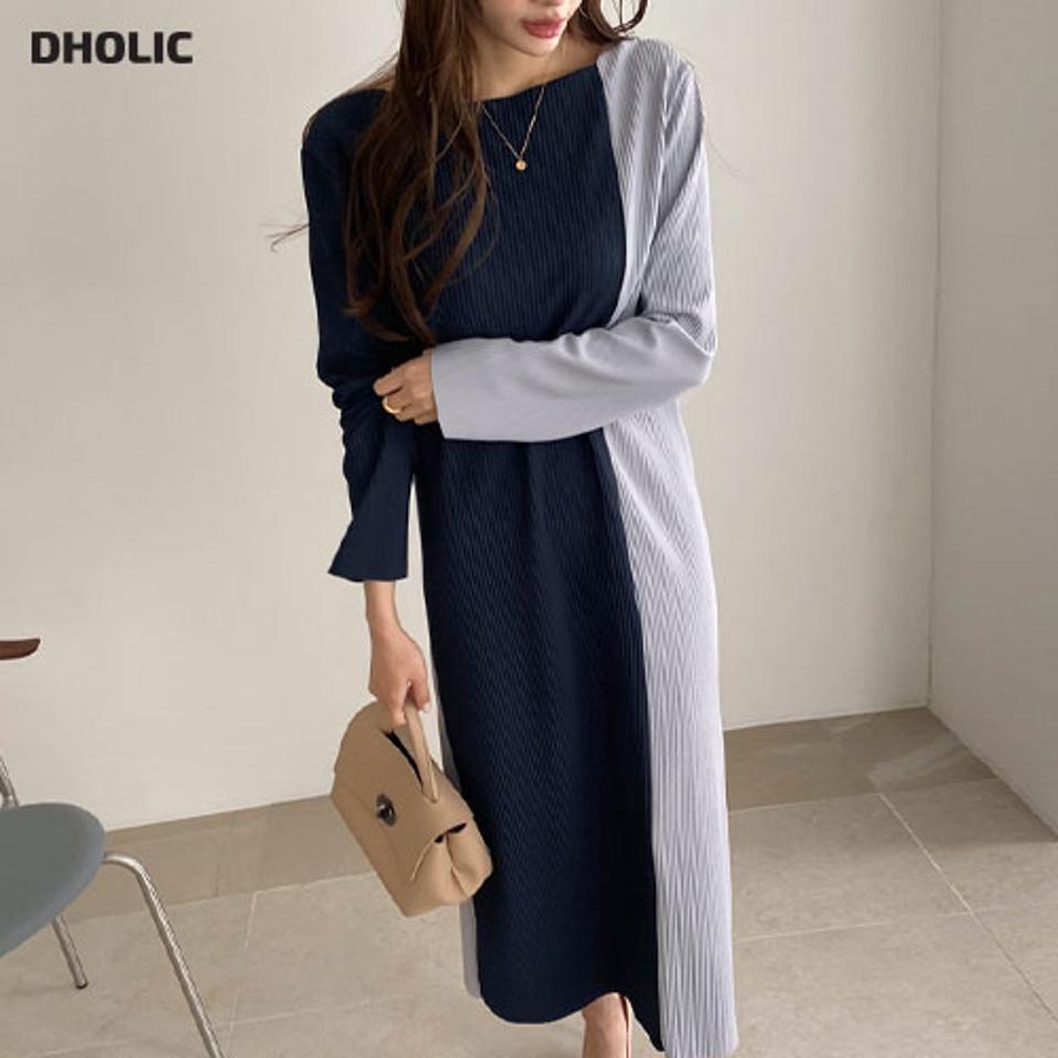 ツートーンプリーツワンピース・全2色・b67060 レディース 【ops】【ワンピース ロング ロングワンピース プリーツ プリーツワンピース 長袖 ツートーン ユニーク 個性的 大人 カジュアル 秋 春 韓国 ファッション】【ハイホリHIHOLLI】