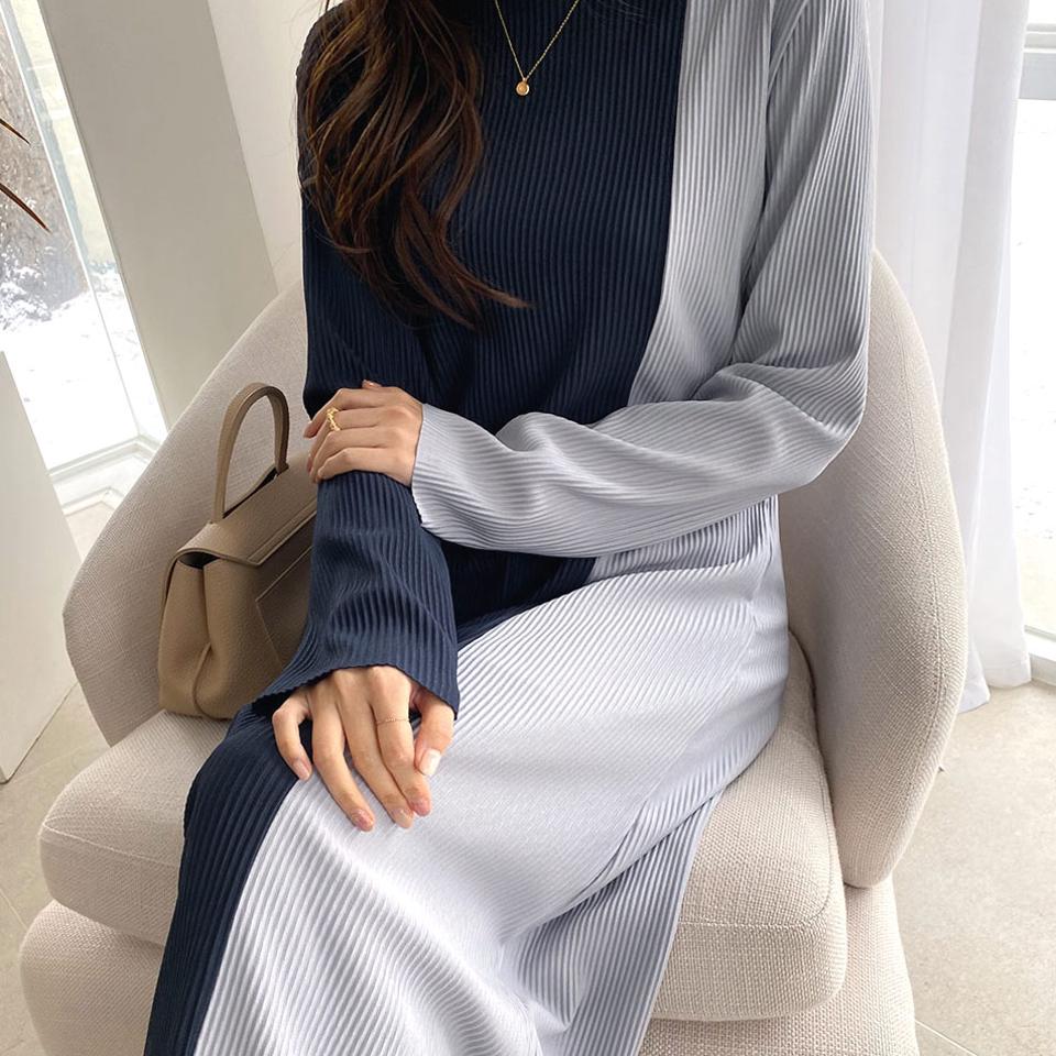 ツートーンプリーツワンピース・全2色・b67060 レディース 【ops】【ワンピース ロング ロングワンピース プリーツ プリーツワンピース 長袖 ツートーン ユニーク 個性的 大人 カジュアル 秋 春 韓国 ファッション】【ハイホリHIHOLLI】