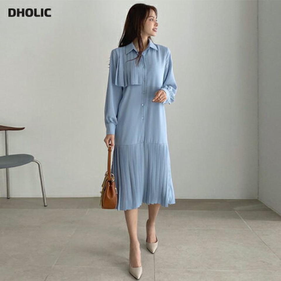 プリーツシャツワンピース・全3色・b67071 レディース 【ops】【ワンピース ミディ丈 ミディワンピース 長袖 シャツワンピース プリーツ プリーツワンピース フェミニン 個性的 大人 秋 春 韓国 ファッション】【ハイホリHIHOLLI】