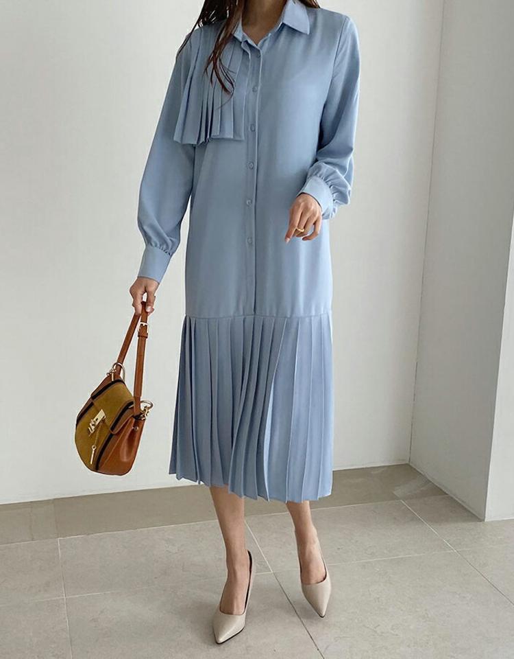 プリーツシャツワンピース・全3色・b67071 レディース 【ops】【ワンピース ミディ丈 ミディワンピース 長袖 シャツワンピース プリーツ プリーツワンピース フェミニン 個性的 大人 秋 春 韓国 ファッション】【ハイホリHIHOLLI】