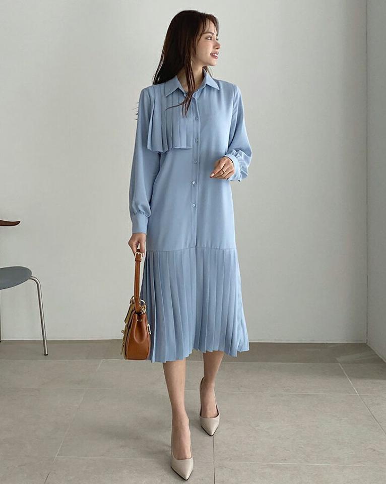 プリーツシャツワンピース・全3色・b67071 レディース 【ops】【ワンピース ミディ丈 ミディワンピース 長袖 シャツワンピース プリーツ プリーツワンピース フェミニン 個性的 大人 秋 春 韓国 ファッション】【ハイホリHIHOLLI】