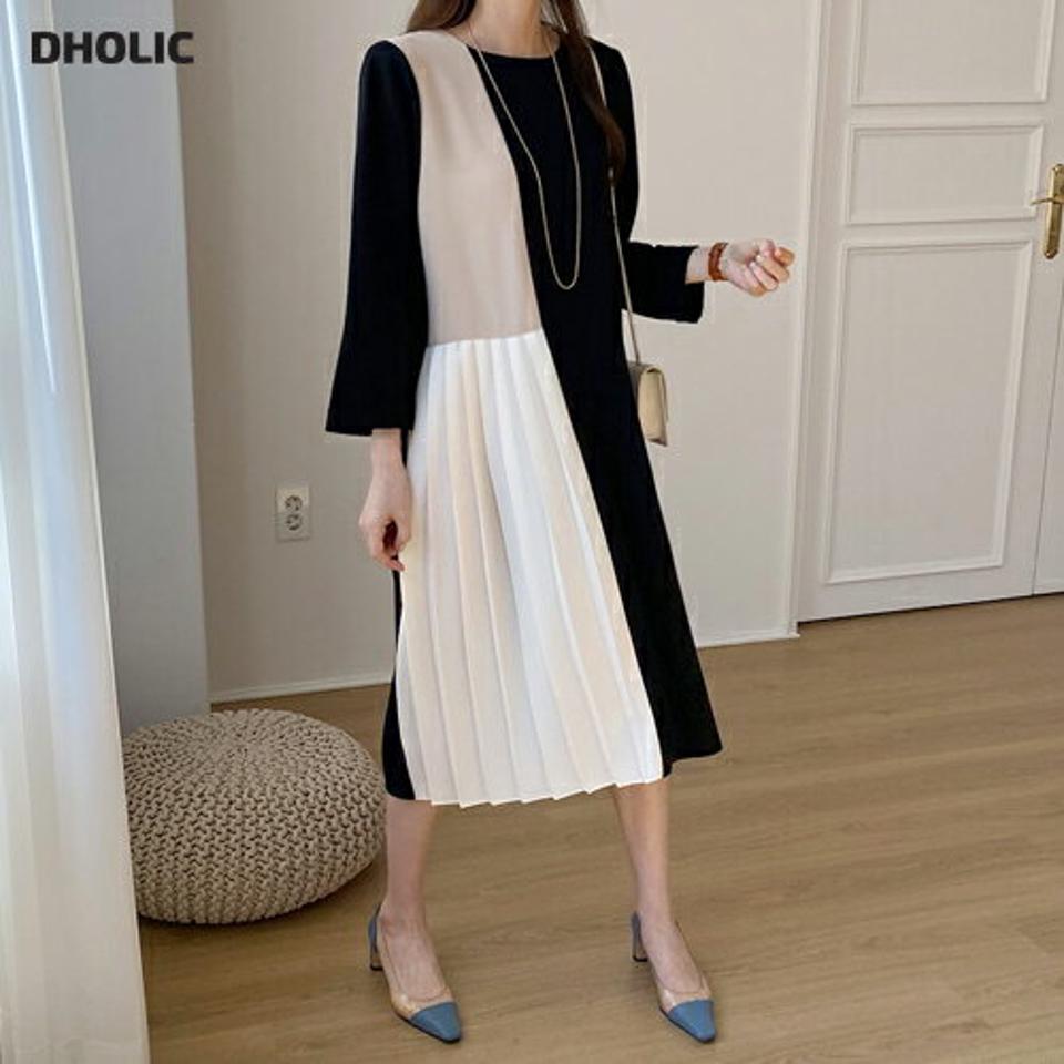 配色プリーツミディワンピース・全2色・b67113 レディース 【ops】【ワンピース ミディ丈 ミディワンピース プリーツ プリーツワンピース 配色 モダン 大人 きれいめ 秋 春 韓国 ファッション】【ハイホリHIHOLLI】