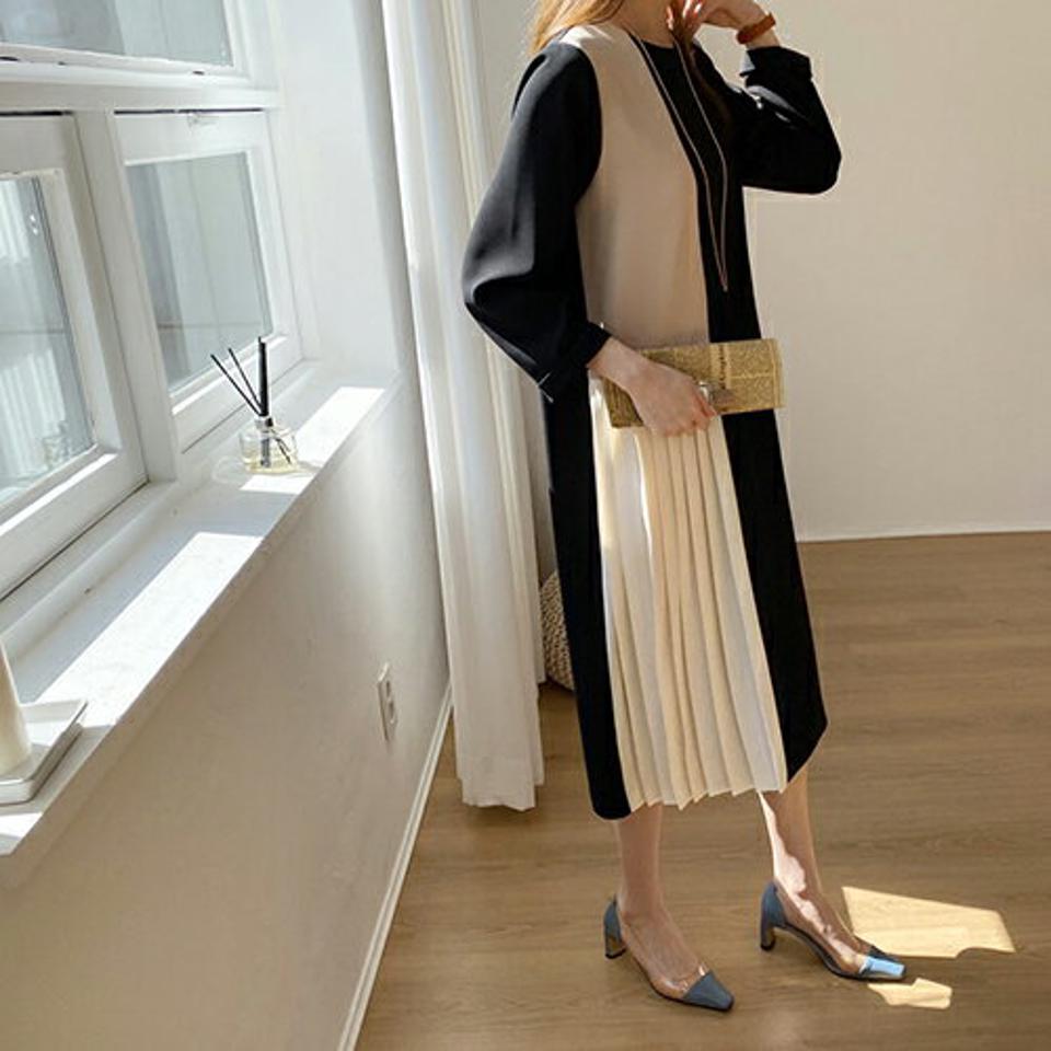 配色プリーツミディワンピース・全2色・b67113 レディース 【ops】【ワンピース ミディ丈 ミディワンピース プリーツ プリーツワンピース 配色 モダン 大人 きれいめ 秋 春 韓国 ファッション】【ハイホリHIHOLLI】