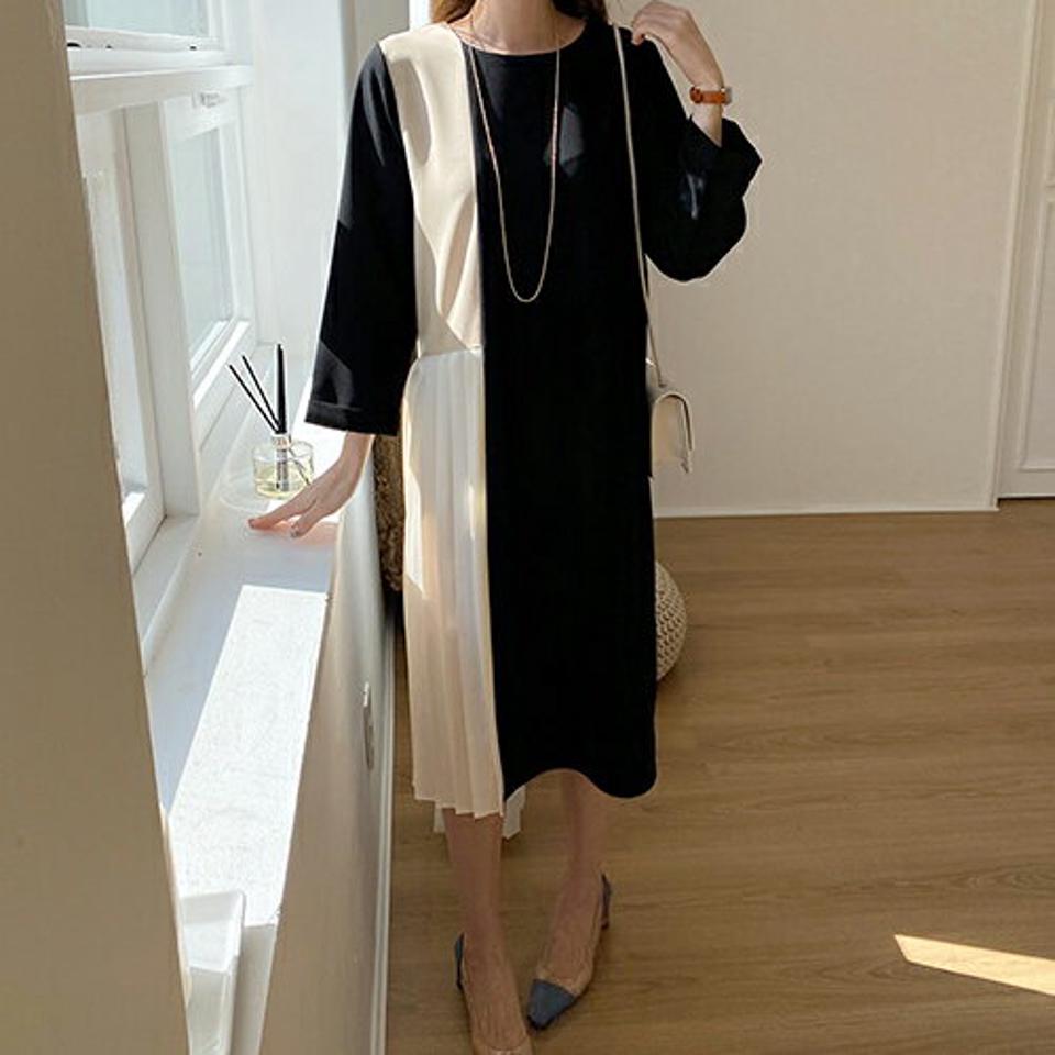 配色プリーツミディワンピース・全2色・b67113 レディース 【ops】【ワンピース ミディ丈 ミディワンピース プリーツ プリーツワンピース 配色 モダン 大人 きれいめ 秋 春 韓国 ファッション】【ハイホリHIHOLLI】