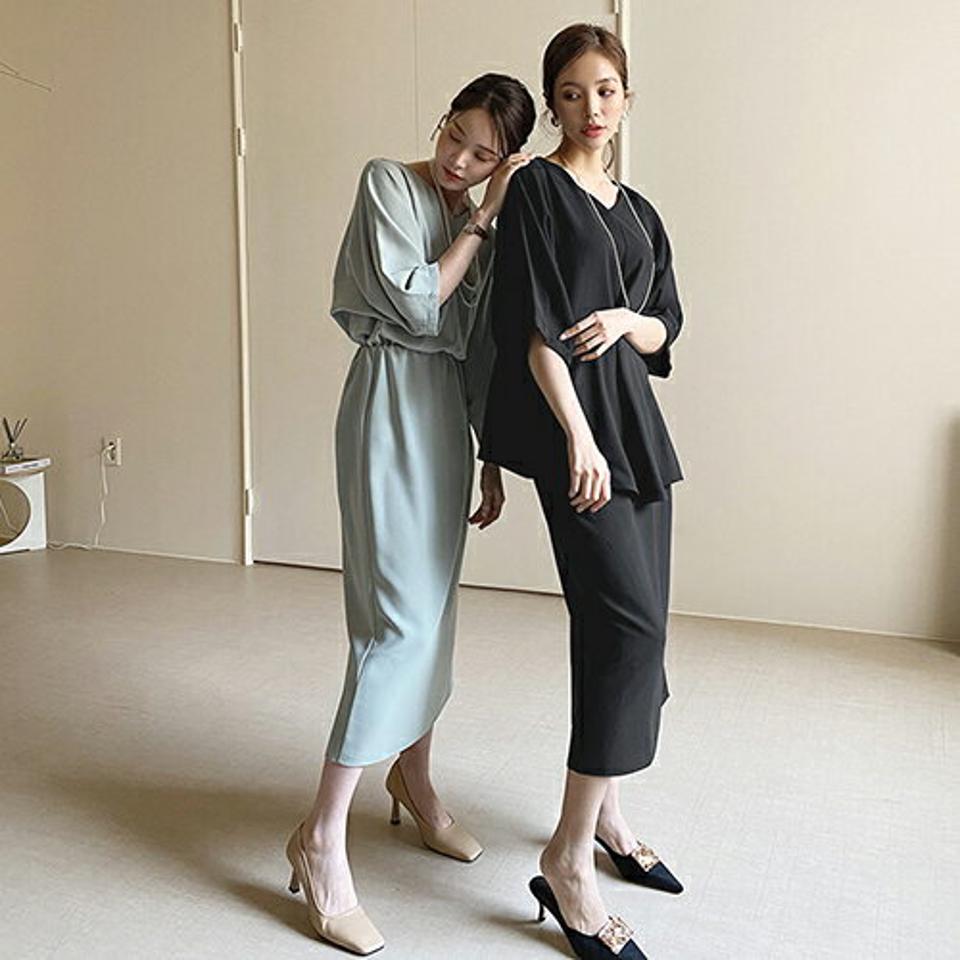 タックスリーブブラウス&スカートSET・全2色・b67141 レディース 【ops】【セットアップ setup トップス ブラウス スカート ロング ロングスカート タック 単色 無地 シンプル 大人 きれいめ 秋 春 韓国 ファッション】【ハイホリHIHOLLI】