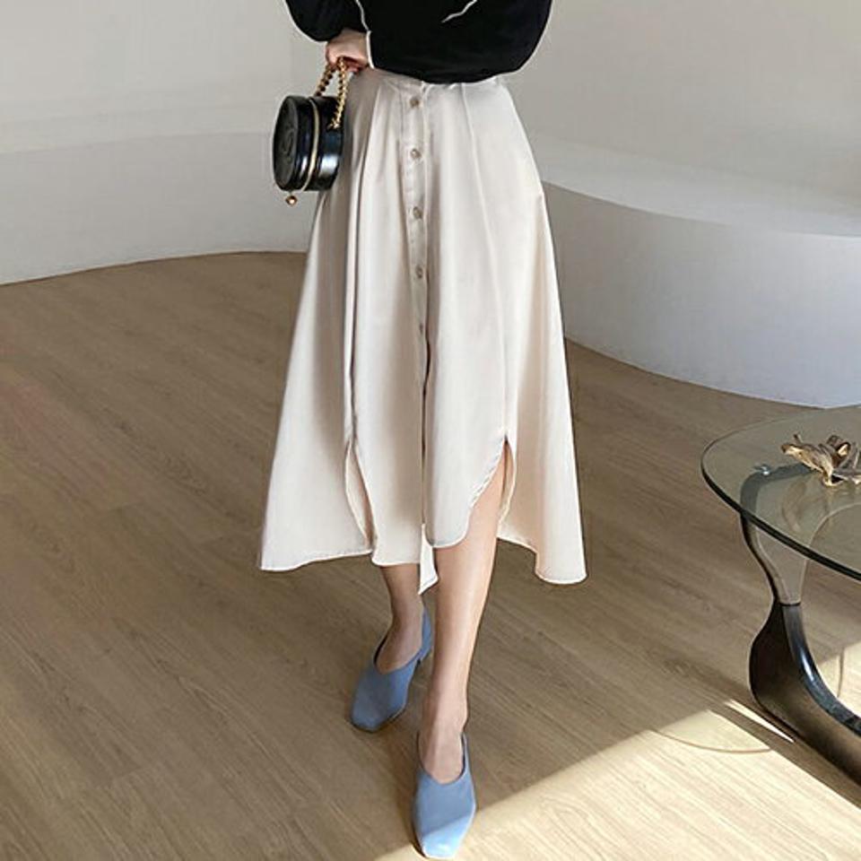 スリットボタンスカート・全2色・b67144 レディース 【sk】【スカート ロング ロングスカート スリット タック フレア フレアスカート フェミニン 秋 春 韓国 ファッション】【ハイホリHIHOLLI】
