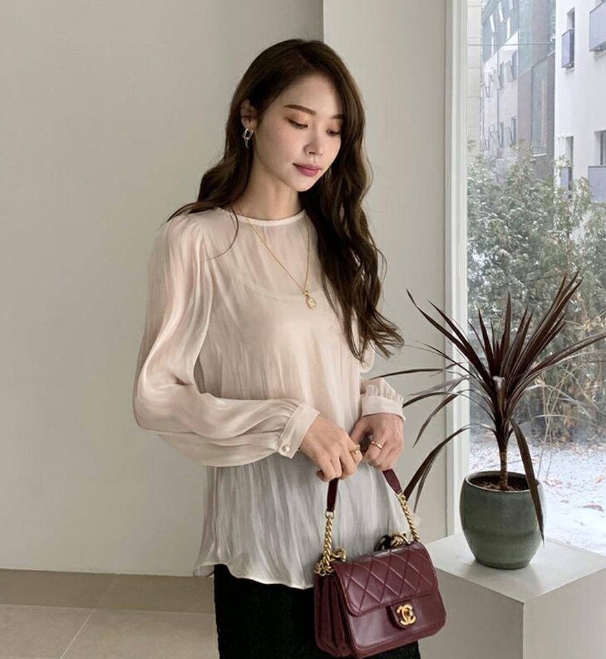 ストラップ付グロッシーブラウス・全4色・b67062 レディース 【bl】【トップス ブラウス グロッシー 長袖 リボン りぼん ストラップ ツヤ 透け感 シアー シースルー フェミニン 春 秋 韓国 ファッション】【ハイホリHIHOLLI】