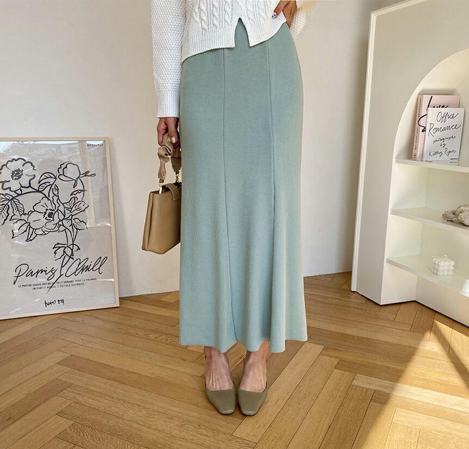 リブマーメイドスカート・全4色・t61662 レディース 【sk】【韓国 ファッション ボトムス スカート ロング ロングスカート リブ スリム フィット マーメイド ウエストゴム 無地 カジュアル 体型カバー フェミニン デイリー 秋 春】