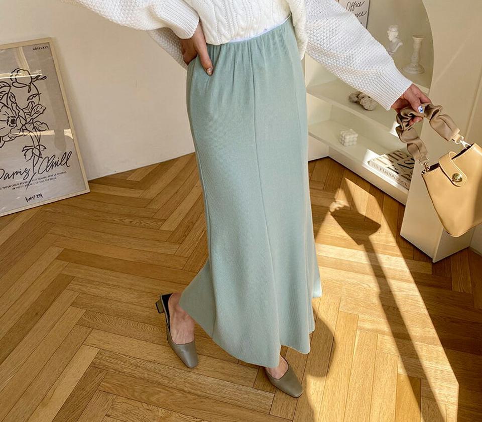 リブマーメイドスカート・全4色・t61662 レディース 【sk】【韓国 ファッション ボトムス スカート ロング ロングスカート リブ スリム フィット マーメイド ウエストゴム 無地 カジュアル 体型カバー フェミニン デイリー 秋 春】