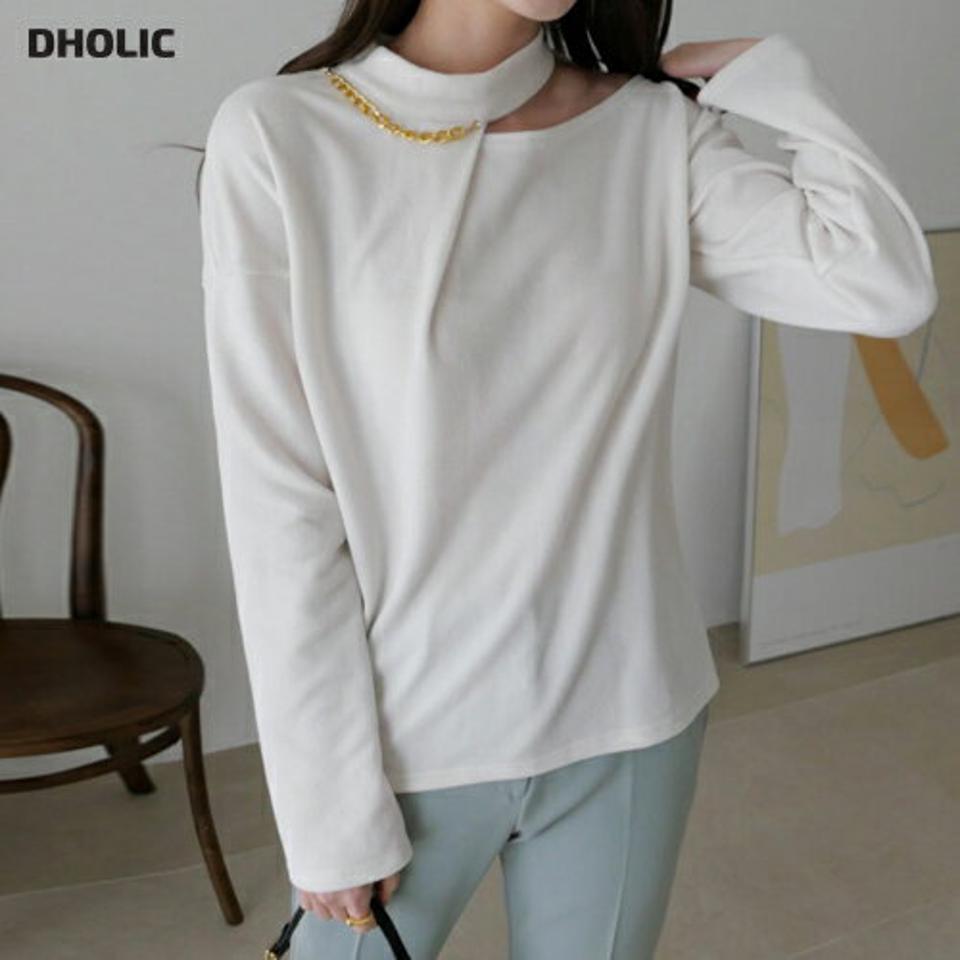 ネックオープンチェーンTシャツ・全3色・t67066 レディース 【tops】【トップス Tシャツ 長袖 チェーン 鎖骨 デコルテ きれいめ 大人 カジュアル 個性的 ユニーク 秋 春 韓国 ファッション】【ハイホリHIHOLLI】