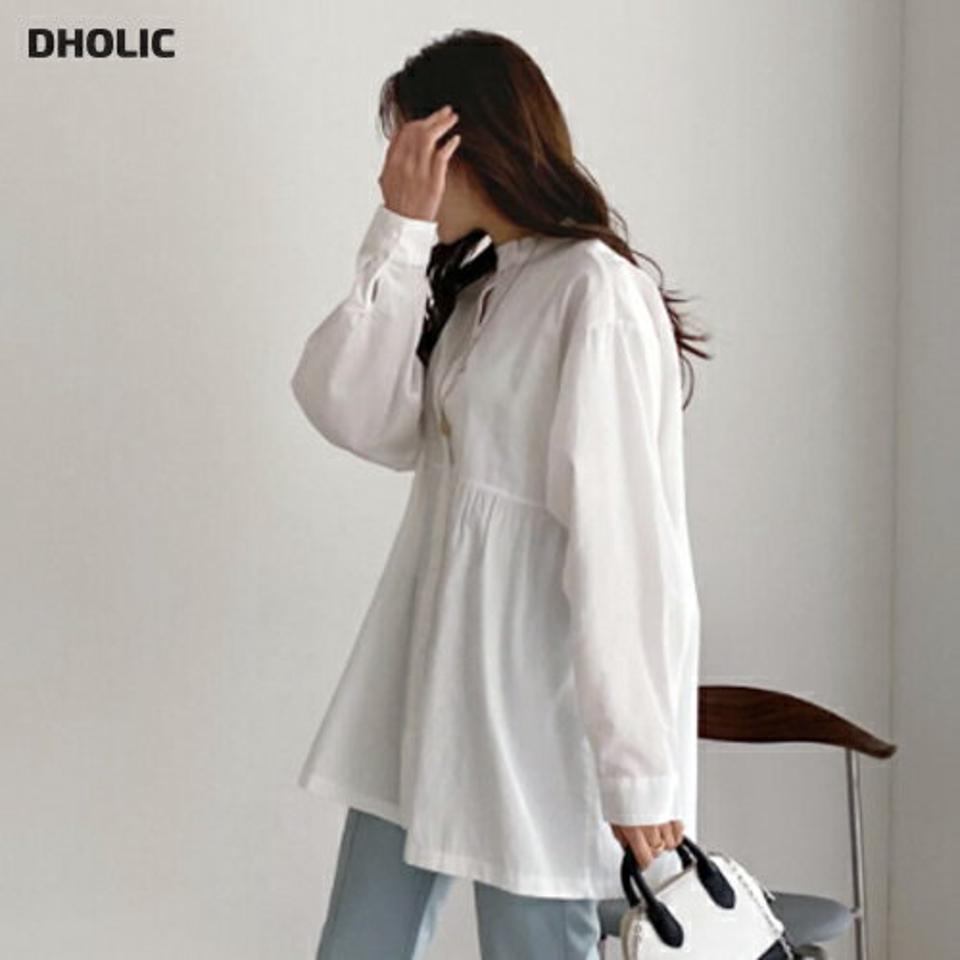 バンドカラーフレアブラウス・全2色・t67077 レディース 【bl】【トップス ブラウス フレア フレアブラウス バンドカラー 長袖 単色 無地 シンプル 大人 モダン 秋 春 韓国 ファッション】【ハイホリHIHOLLI】