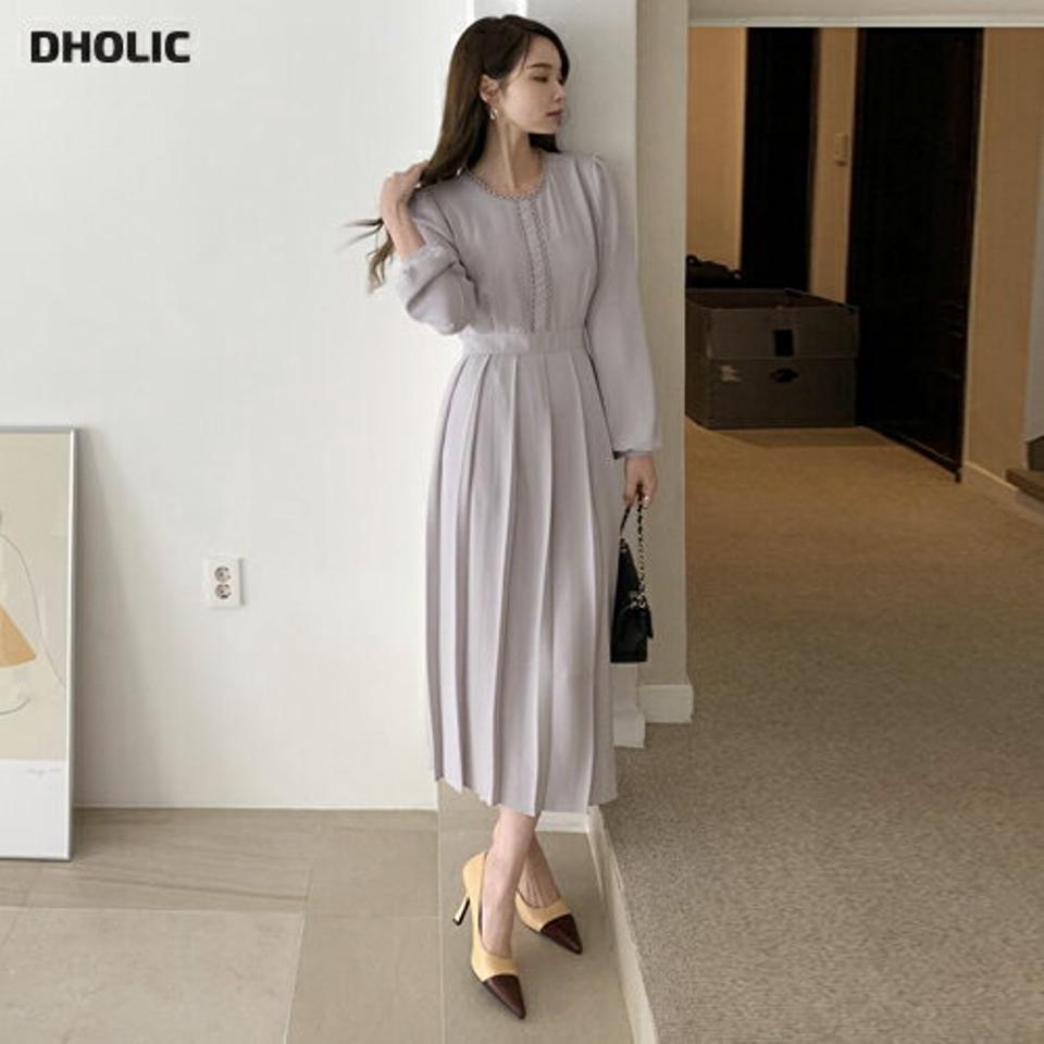 レースラインプリーツワンピース・全3色・t67080 レディース 【ops】【ワンピース ロング ロングワンピース 長袖 プリーツ プリーツワンピース レース 可愛い かわいい 春 秋 韓国 ファッション】【ハイホリHIHOLLI】