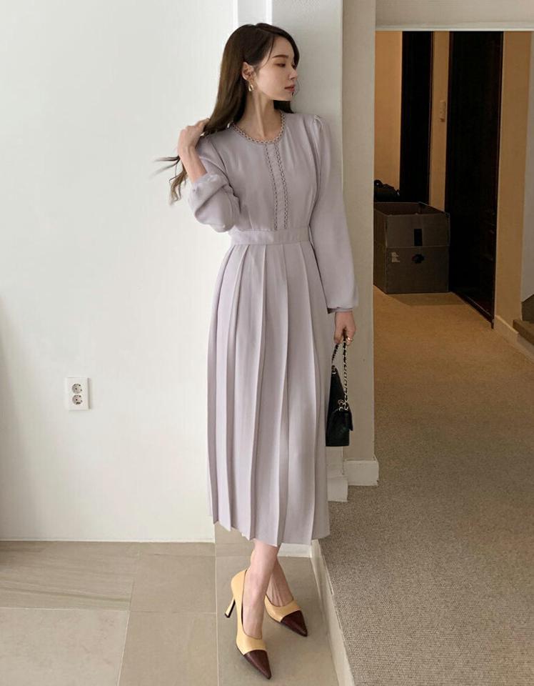 レースラインプリーツワンピース・全3色・t67080 レディース 【ops】【ワンピース ロング ロングワンピース 長袖 プリーツ プリーツワンピース レース 可愛い かわいい 春 秋 韓国 ファッション】【ハイホリHIHOLLI】