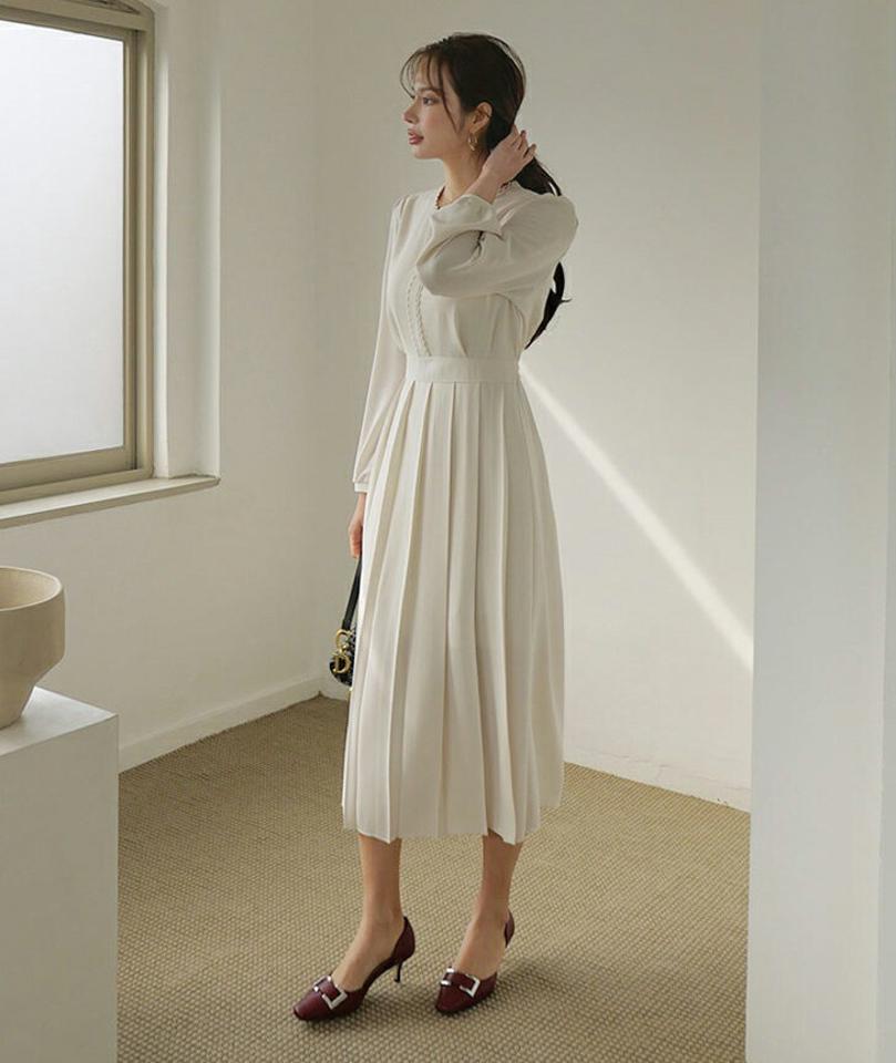 レースラインプリーツワンピース・全3色・t67080 レディース 【ops】【ワンピース ロング ロングワンピース 長袖 プリーツ プリーツワンピース レース 可愛い かわいい 春 秋 韓国 ファッション】【ハイホリHIHOLLI】