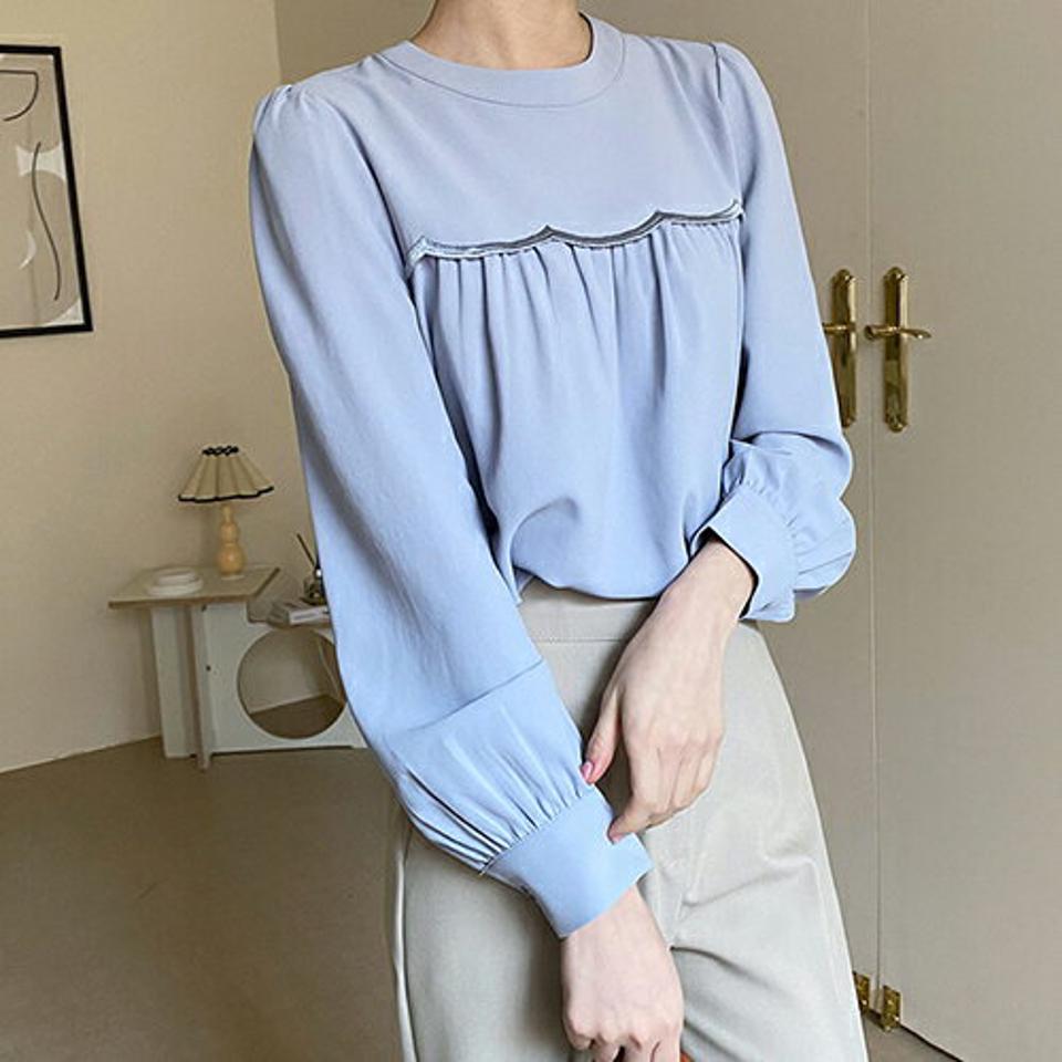 スカラップラインブラウス・全3色・b67106 レディース 【bl】【トップス ブラウス 長袖 スカラップ フェミニン かわいい 可愛い 単色 シンプル 秋 春 韓国 ファッション】【ハイホリHIHOLLI】