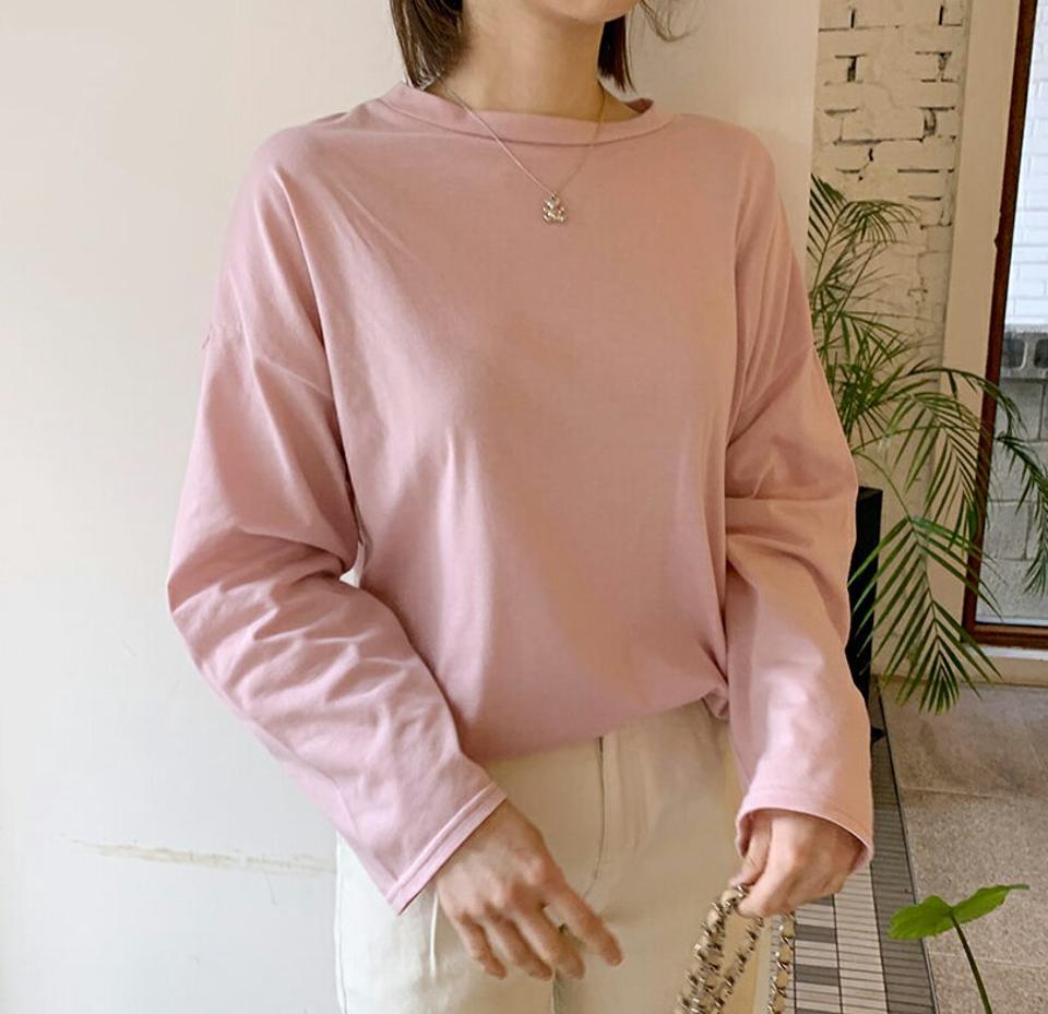 ボクシーラウンドTシャツ・全6色・b61639 レディース 【tops】【韓国 ファッション トップス Tシャツ 長袖 ボクシー ラウンドネック ユニーク ルーズ ゆったり 無地 カジュアル 体型カーバー デイリー 秋 春】