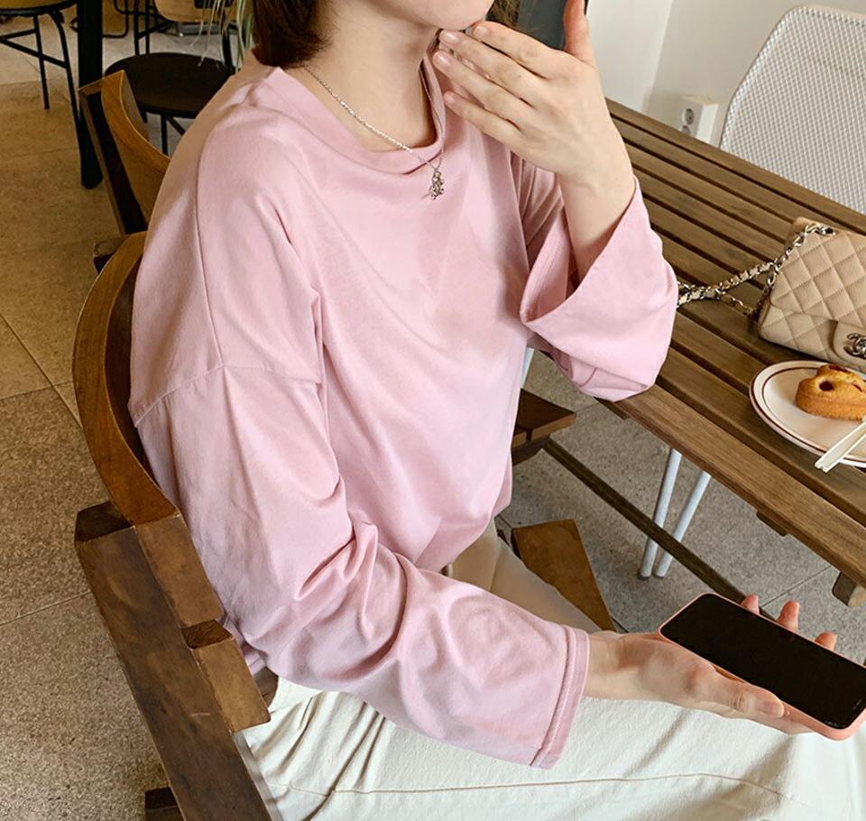 ボクシーラウンドTシャツ・全6色・b61639 レディース 【tops】【韓国 ファッション トップス Tシャツ 長袖 ボクシー ラウンドネック ユニーク ルーズ ゆったり 無地 カジュアル 体型カーバー デイリー 秋 春】