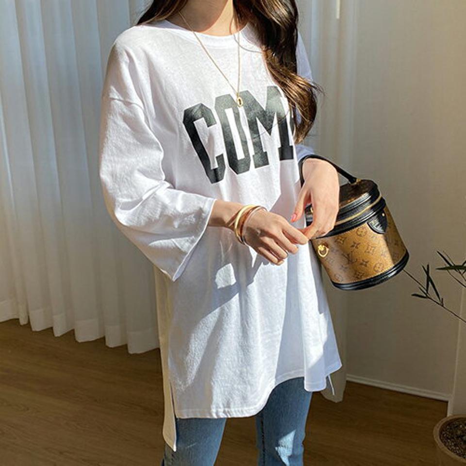 COMEアンバランスTシャツ・全3色・t67102 レディース 【tops】【トップス Tシャツ ロゴ ロゴトップス アンバランス カジュアル ラフ ルーズ 七分丈 七分袖 7分丈 7分袖 ゆったり 春 秋 韓国 ファッション】【ハイホリHIHOLLI】