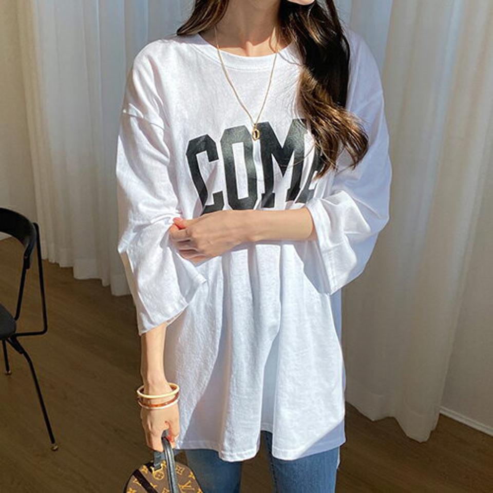 COMEアンバランスTシャツ・全3色・t67102 レディース 【tops】【トップス Tシャツ ロゴ ロゴトップス アンバランス カジュアル ラフ ルーズ 七分丈 七分袖 7分丈 7分袖 ゆったり 春 秋 韓国 ファッション】【ハイホリHIHOLLI】