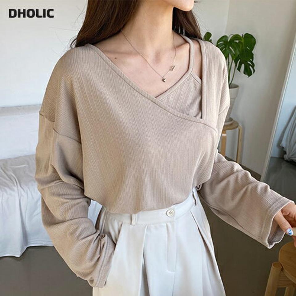 ダイアゴナルレイヤード調Tシャツ・全3色・t61638 レディース 【tops】【韓国 ファッション トップス Tシャツ 長袖 ダイアゴナル ユニーク キャミ レイヤード調 ルーズ リブ 細身 上品 体型カーバー デイリー 秋 春】