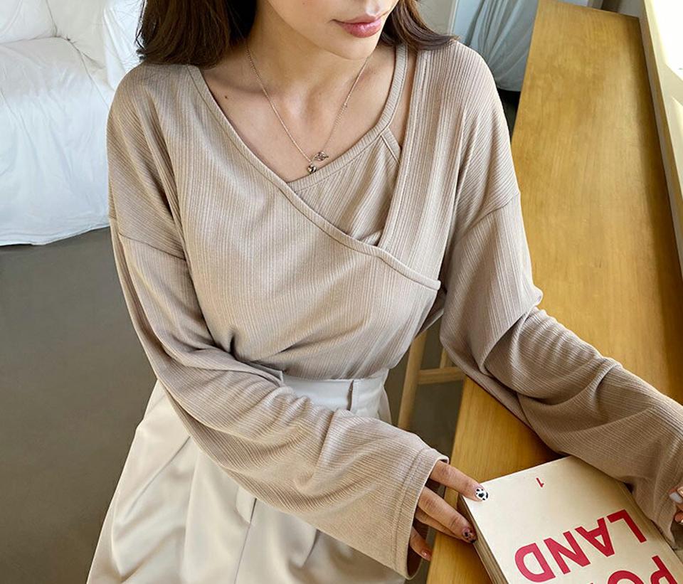 ダイアゴナルレイヤード調Tシャツ・全3色・t61638 レディース 【tops】【韓国 ファッション トップス Tシャツ 長袖 ダイアゴナル ユニーク キャミ レイヤード調 ルーズ リブ 細身 上品 体型カーバー デイリー 秋 春】