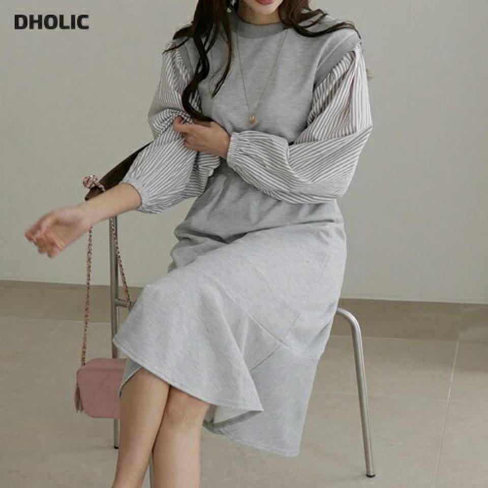 ストライプスリーブワンピース・全4色・t67055 レディース 【ops】【ワンピース ロング ロングワンピース 長袖 ストライプ柄 カジュアル ラフ 大人 爽やか 秋 春 韓国 ファッション】【ハイホリHIHOLLI】