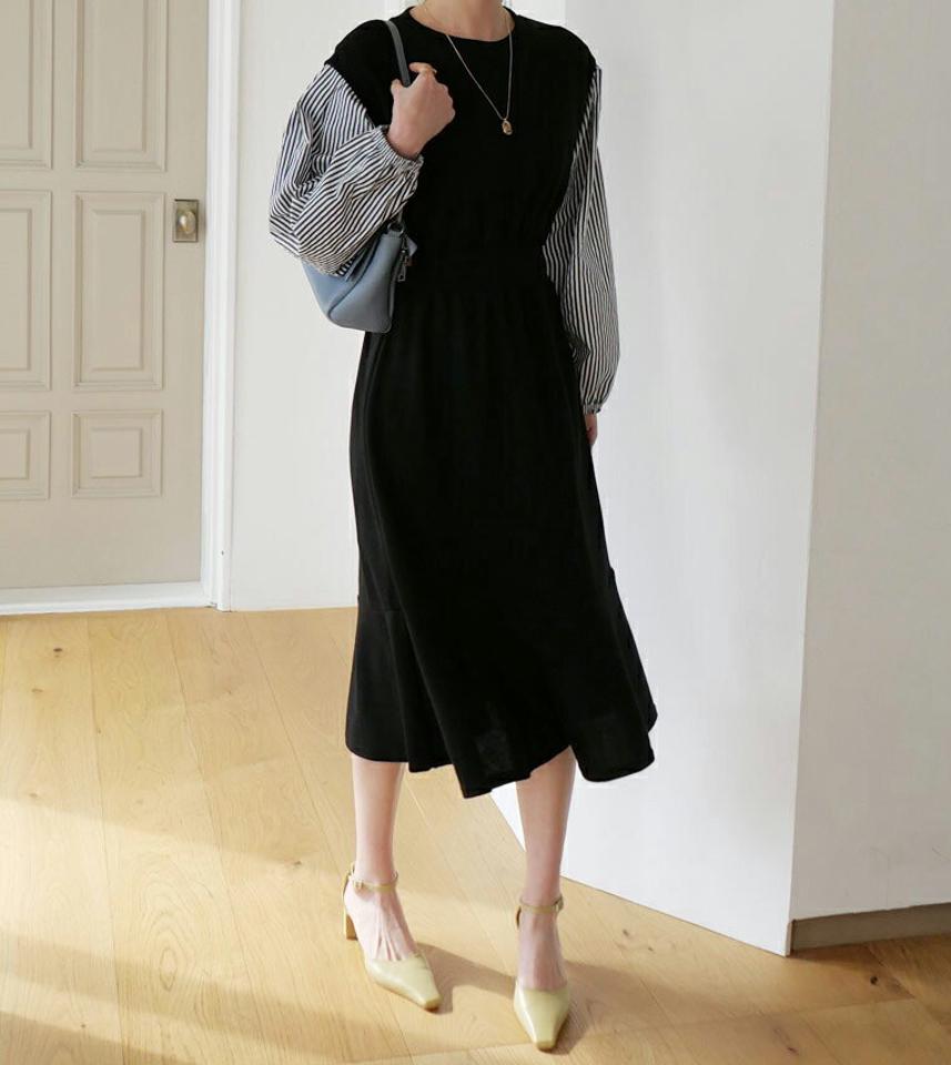 ストライプスリーブワンピース・全4色・t67055 レディース 【ops】【ワンピース ロング ロングワンピース 長袖 ストライプ柄 カジュアル ラフ 大人 爽やか 秋 春 韓国 ファッション】【ハイホリHIHOLLI】