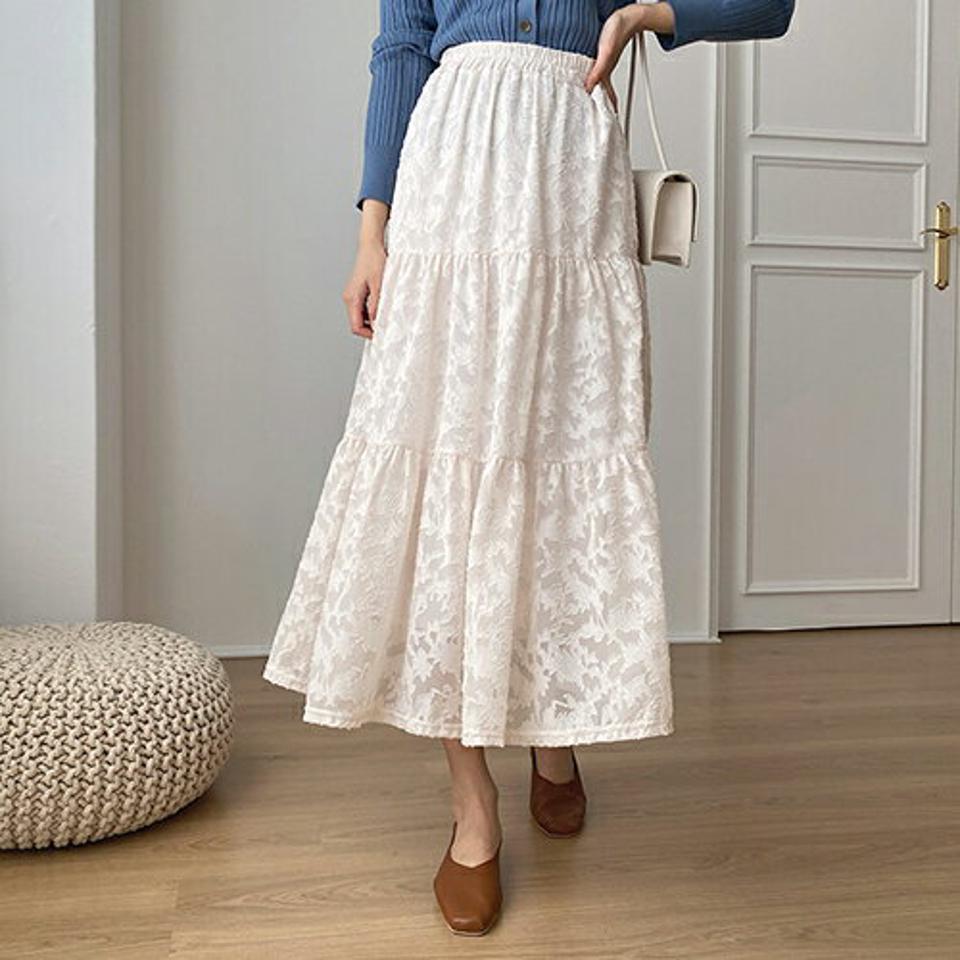 ウエストゴムレーススカート・全2色・t67117 レディース 【sk】【スカート ロング ロングスカート レース 総レース ウエストゴム フェミニン 可愛い かわいい 秋 春 韓国 ファッション】【ハイホリHIHOLLI】