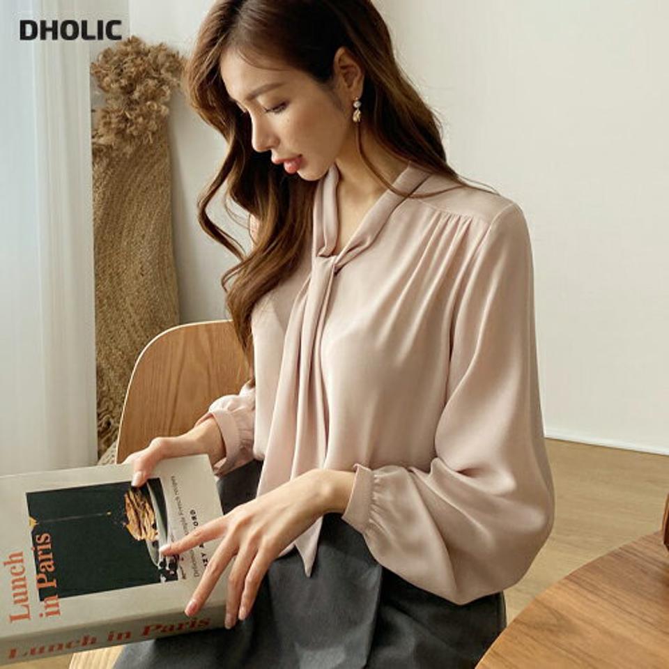 ネックリボンブラウス・全3色・b67139 レディース 【bl】【トップス ブラウス 長袖 リボン りぼん 単色 無地 シンプル フェミニン オフィスカジュアル 秋 春 韓国 ファッション】【ハイホリHIHOLLI】