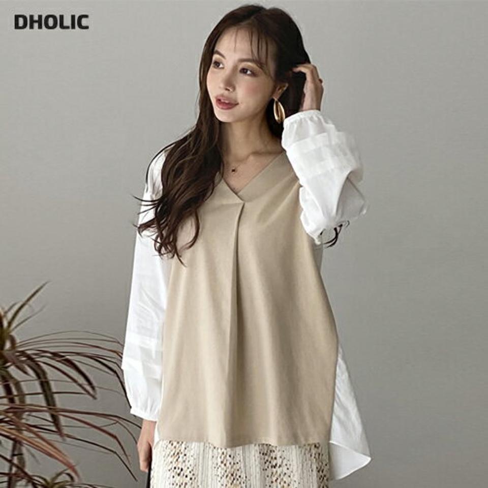 VネックコントラストTシャツ・全3色・b67069 レディース 【tops】【トップス Tシャツ 長袖 コントラスト Vネック アンバランス 大人 異素材 タック 秋 春 韓国 ファッション】【ハイホリHIHOLLI】