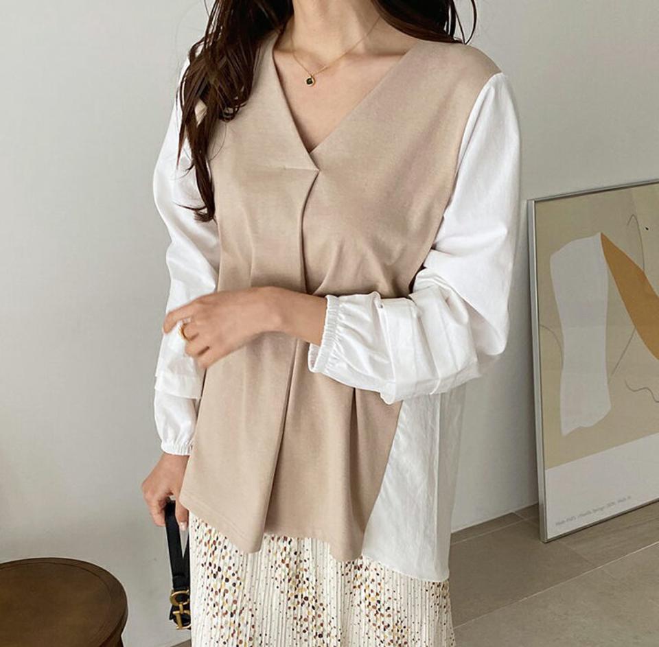 VネックコントラストTシャツ・全3色・b67069 レディース 【tops】【トップス Tシャツ 長袖 コントラスト Vネック アンバランス 大人 異素材 タック 秋 春 韓国 ファッション】【ハイホリHIHOLLI】