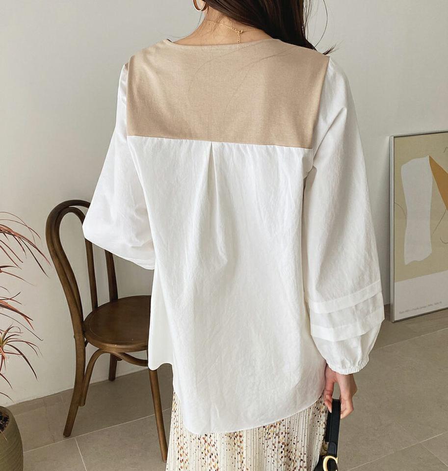 VネックコントラストTシャツ・全3色・b67069 レディース 【tops】【トップス Tシャツ 長袖 コントラスト Vネック アンバランス 大人 異素材 タック 秋 春 韓国 ファッション】【ハイホリHIHOLLI】
