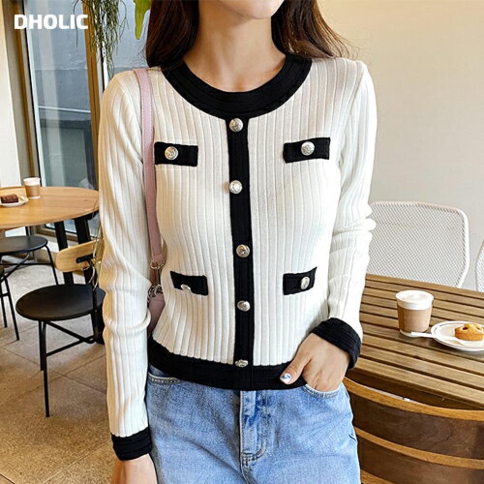 配色ボタンリブニット・全2色・b61643 レディース 【tops】【韓国 ファッション トップス ニット 長袖 ぼわん袖 配色 大人 ラウンドネック スリム フィット 細身 体型カーバー デイリー 無地 秋 春】