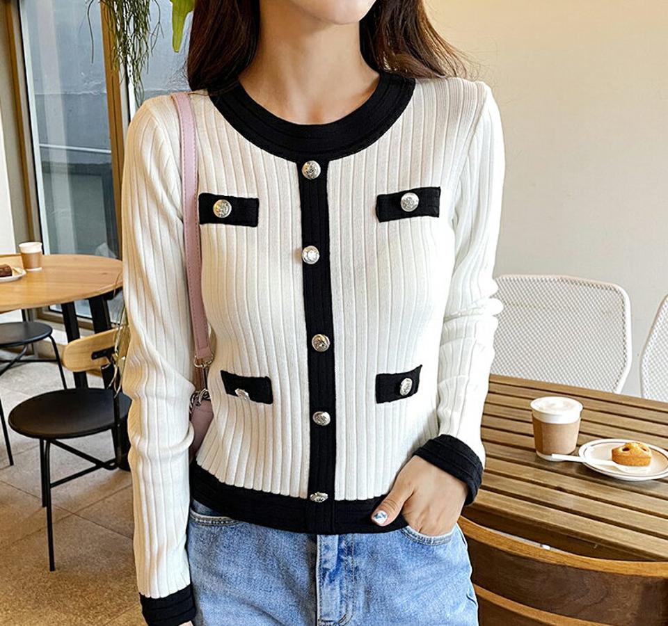 配色ボタンリブニット・全2色・b61643 レディース 【tops】【韓国 ファッション トップス ニット 長袖 ぼわん袖 配色 大人 ラウンドネック スリム フィット 細身 体型カーバー デイリー 無地 秋 春】