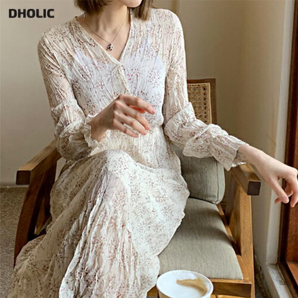 花柄リンクルワンピース・全3色・t61649 レディース 【ops】【韓国 ファッション ワンピース ロング ロングワンピース 花柄 カシュクール リンクル シフォン Vネック スリム フェミニン 細身 体型カバー 秋 春】【fw】