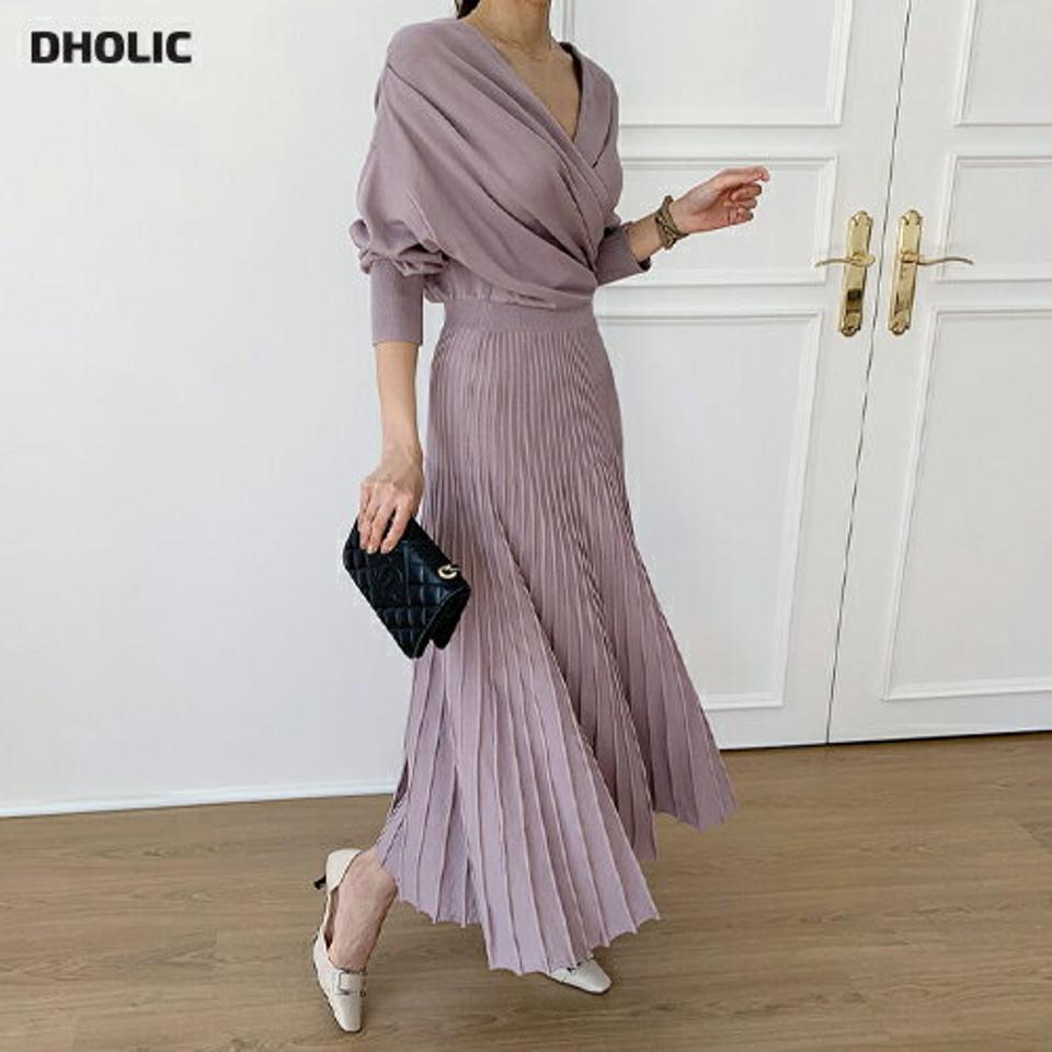 カシュクールニットワンピース・全3色・b67114 レディース 【ops】【ワンピース ロング ロングワンピース ニット ニットワンピース カシュクール 長袖 フェミニン 単色 秋 春 韓国 ファッション】【ハイホリHIHOLLI】