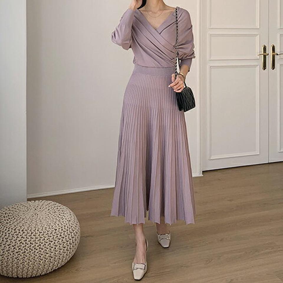 カシュクールニットワンピース・全3色・b67114 レディース 【ops】【ワンピース ロング ロングワンピース ニット ニットワンピース カシュクール 長袖 フェミニン 単色 秋 春 韓国 ファッション】【ハイホリHIHOLLI】