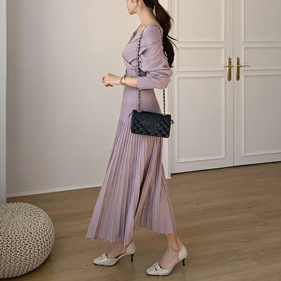 カシュクールニットワンピース・全3色・b67114 レディース 【ops】【ワンピース ロング ロングワンピース ニット ニットワンピース カシュクール 長袖 フェミニン 単色 秋 春 韓国 ファッション】【ハイホリHIHOLLI】