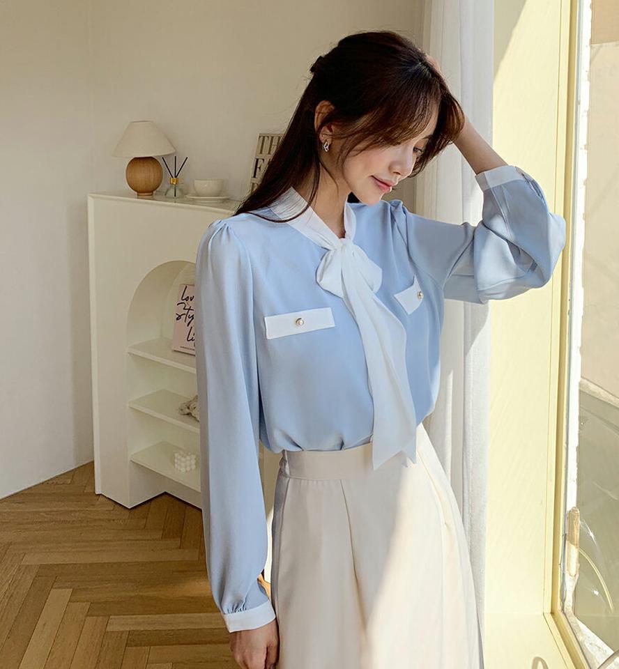 配色リボンブラウス・全4色・t61645 レディース 【bl】【韓国 ファッション トップス ブラウス 長袖 上品 配色 リボン ハーフネック フェイクボタン ギャザー 体型カバー フェミニン カジュアル デイリー 秋 春】